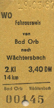 Fahrkarte von Bad Orb, verkauft am dortigen Fahrkartenschalter am 19.03.1987